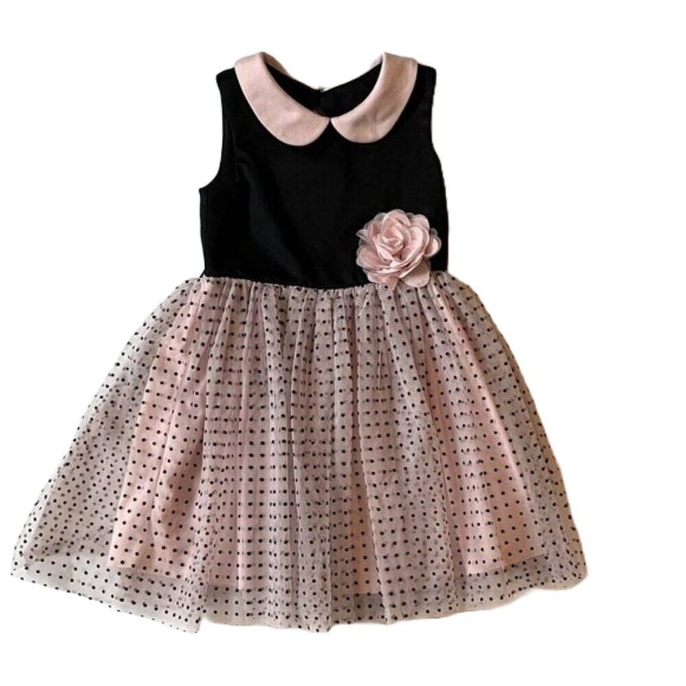 Black & Pink Polka Dot Party Dress, Tulle Flower, Sleeveless, Collared 3T